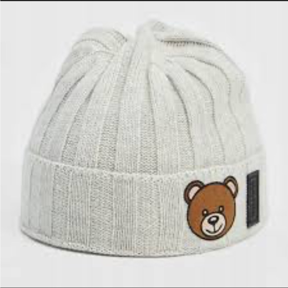 Moschino Silver Teddy Bear Patch Wool & Cashmere Blend Beanie